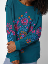 Aida Embroidered Thermal - Teal Folk Bouquet