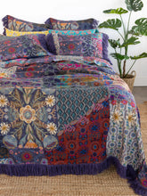 Boho Fringe Bedspread - Blue Patchwork