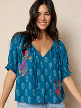 April Embroidered Top - Block Stamp Indigo