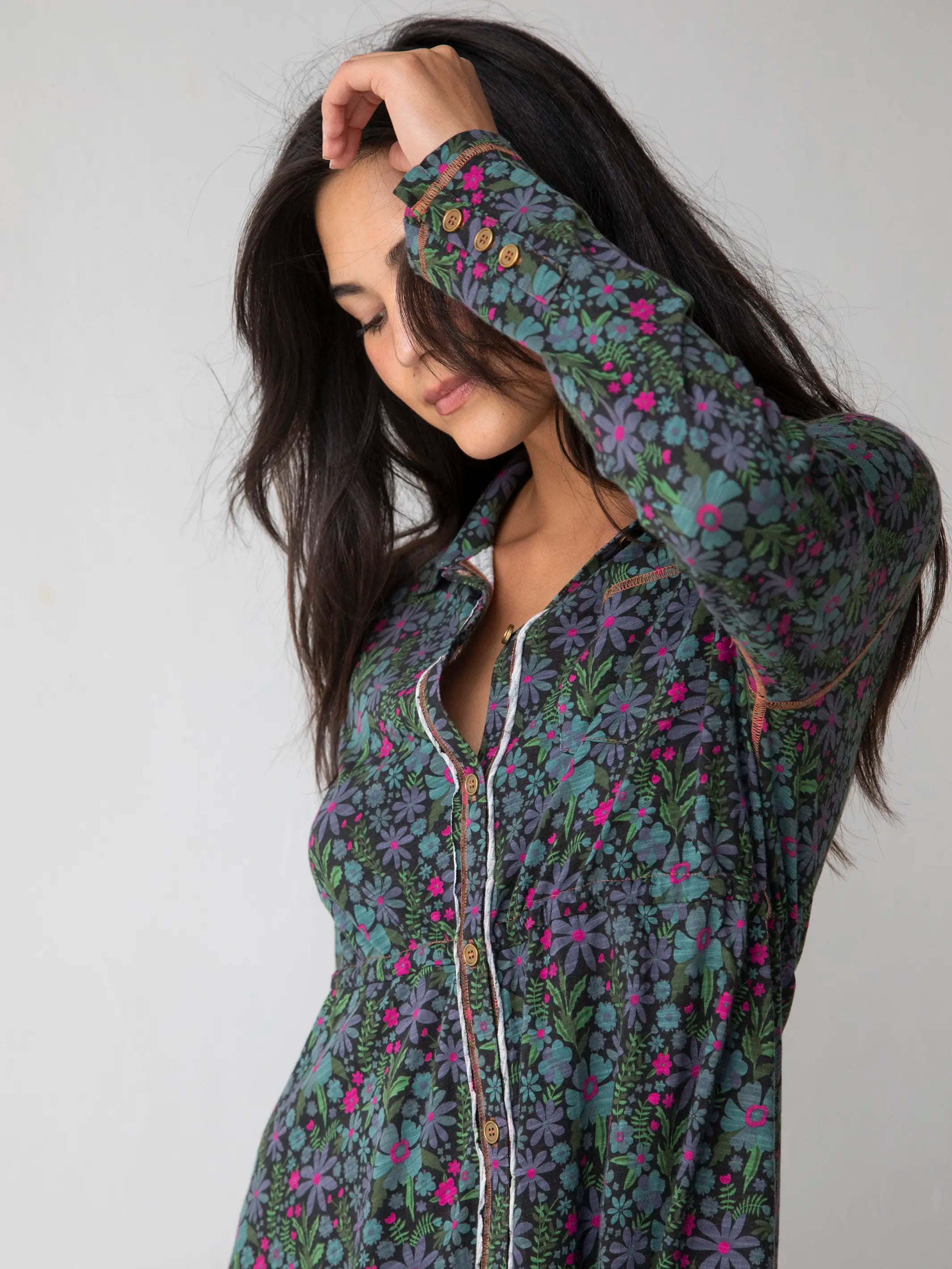 Christa Knit Cotton Mini Dress - Dark Blue Garden