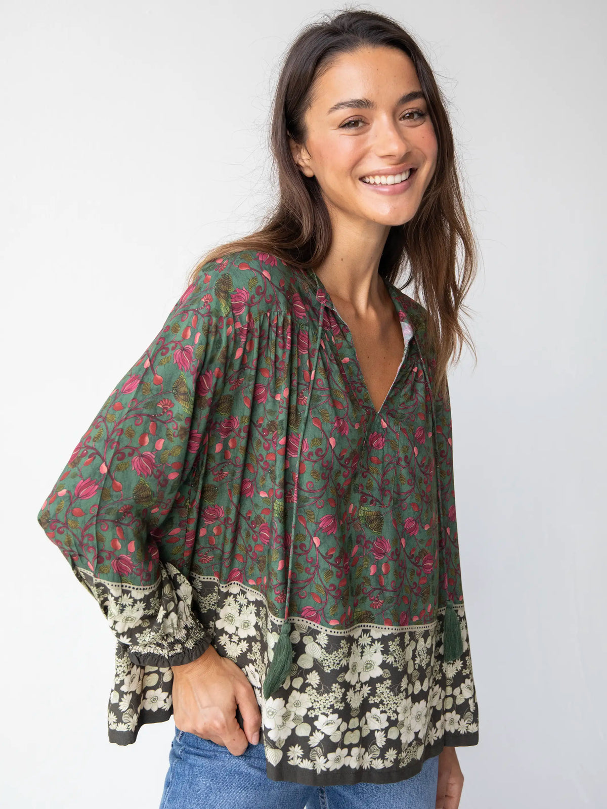 Dara Top - Green Floral Border