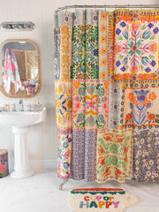 Boho Shower Curtain - Light Blue Grey Folk Flower