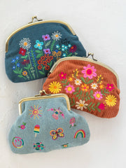 Embroidered Kisslock Coin Purse - Denim