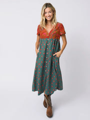 Avery Corduroy Midi Dress - Prairie Ditsy Teal