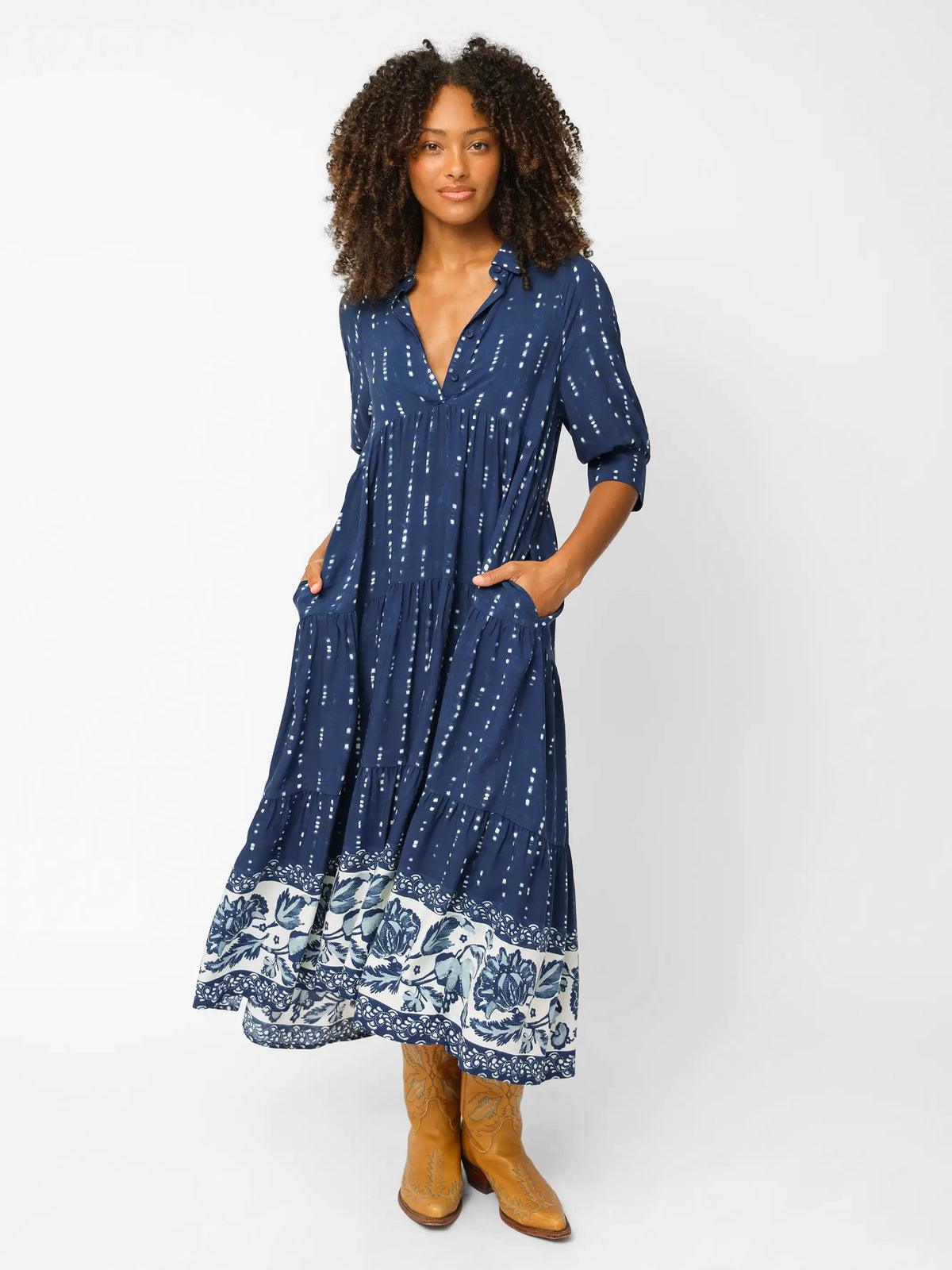 Rebecca Midi Dress - Indigo Shibori Stripe