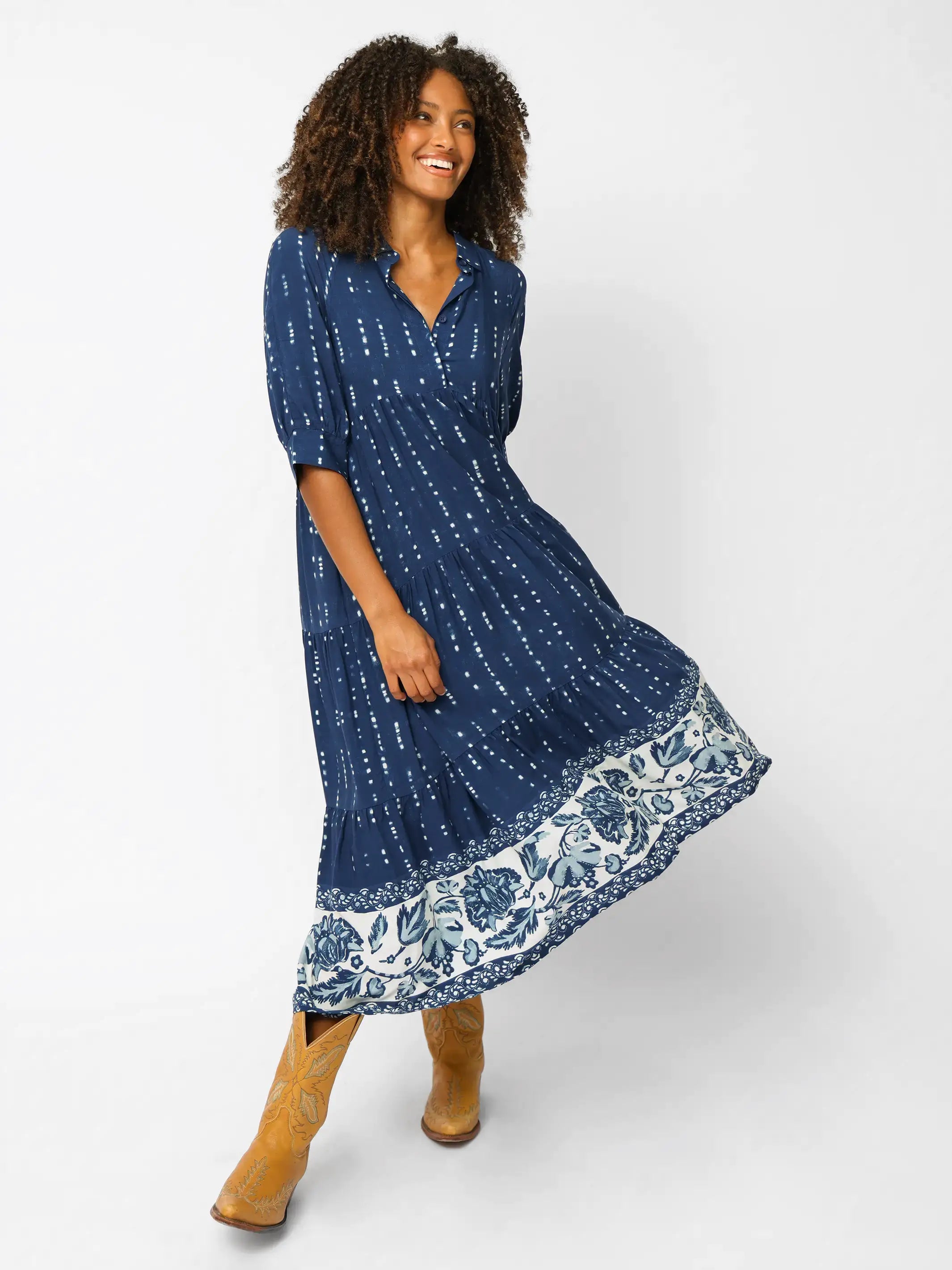 Rebecca Midi Dress - Indigo Shibori Stripe