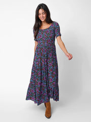 Daisy Tiered Maxi Dress - Woodcut Floral Blue
