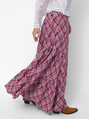 Dolly Cotton Flannel Maxi Skirt - Cranberry Blue Plaid