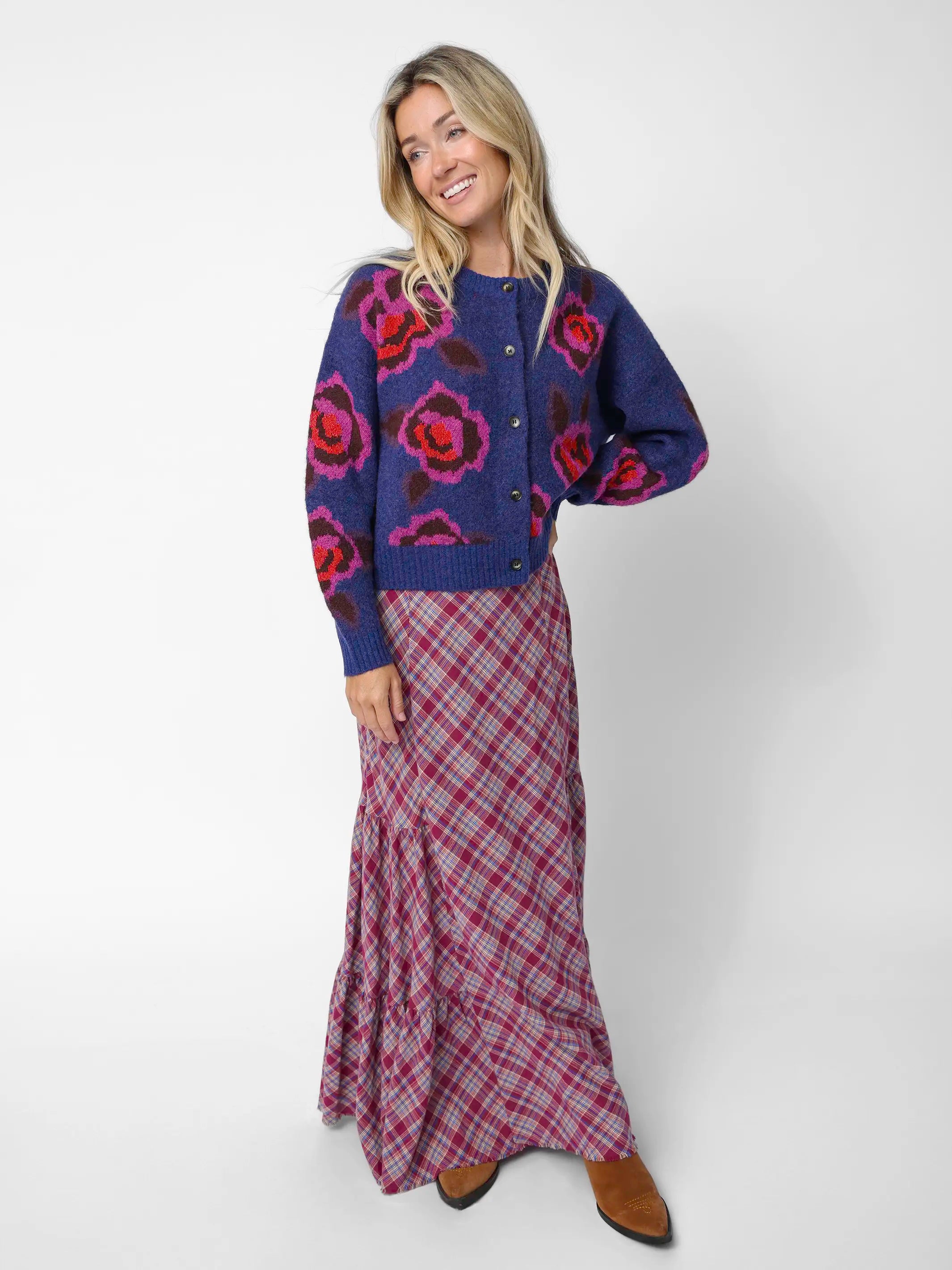 Dolly Cotton Flannel Maxi Skirt - Cranberry Blue Plaid