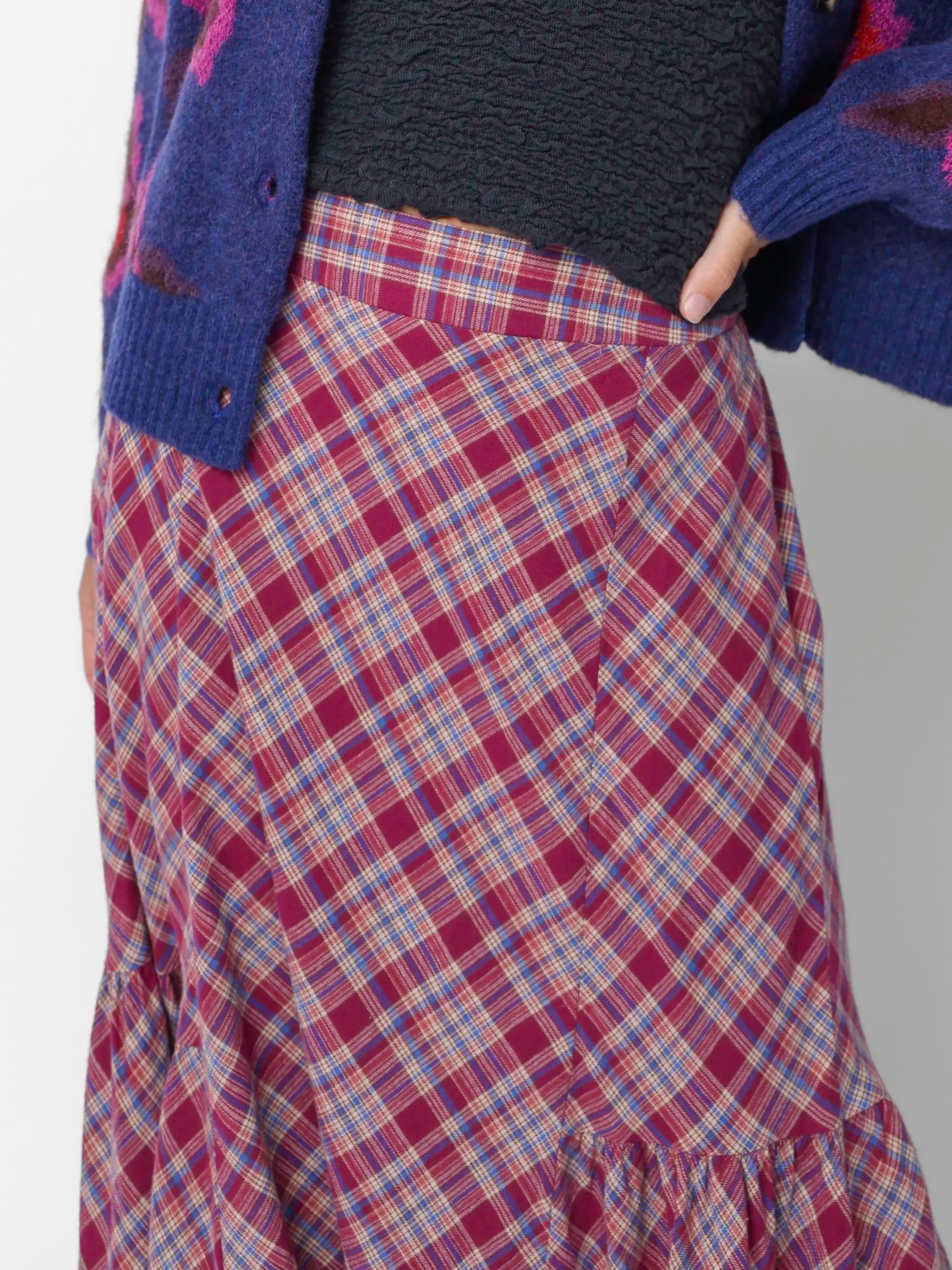 Dolly Cotton Flannel Maxi Skirt - Cranberry Blue Plaid