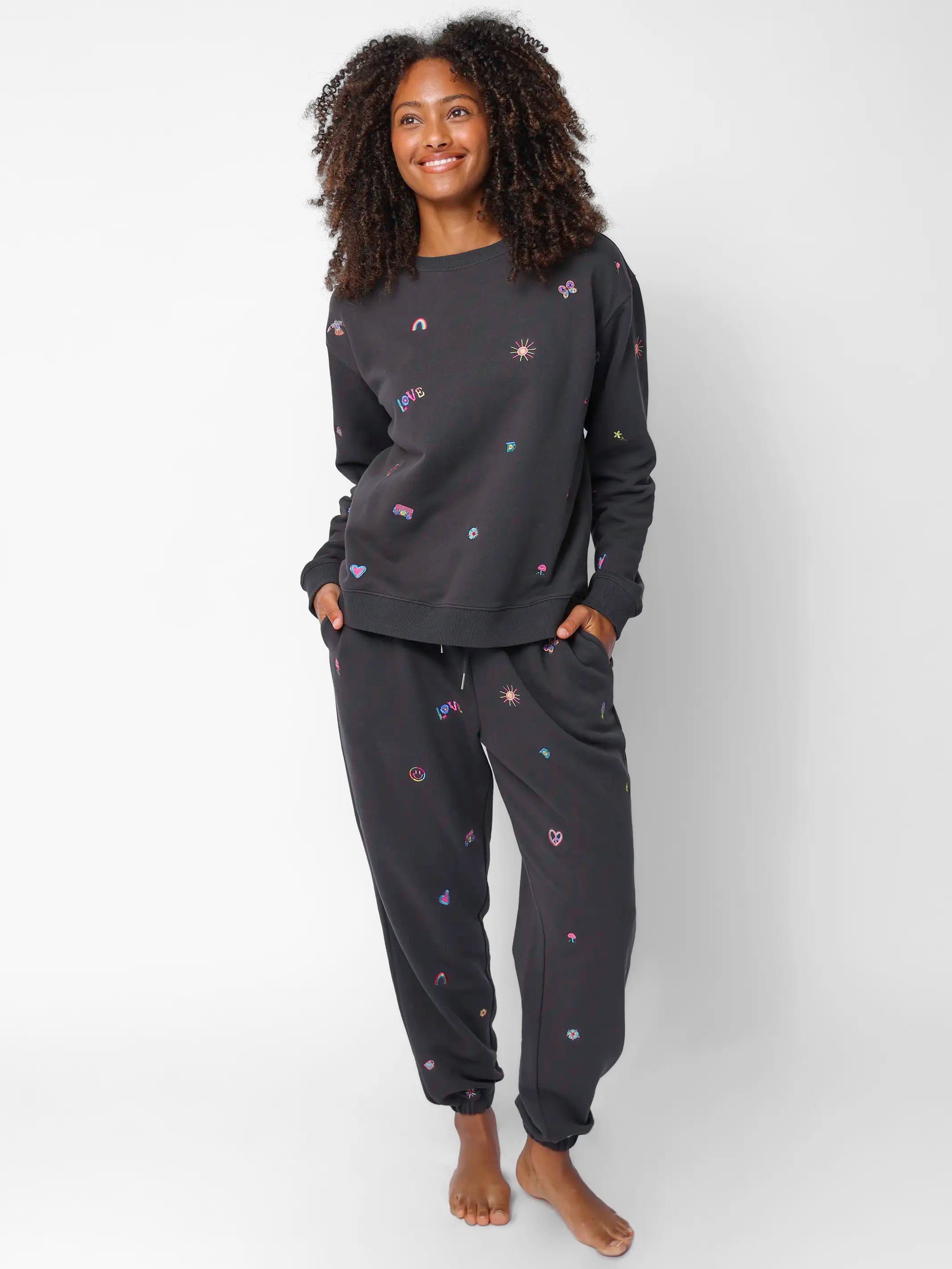 Fave Little Things Embroidered Jogger Pants - Charcoal Doodle