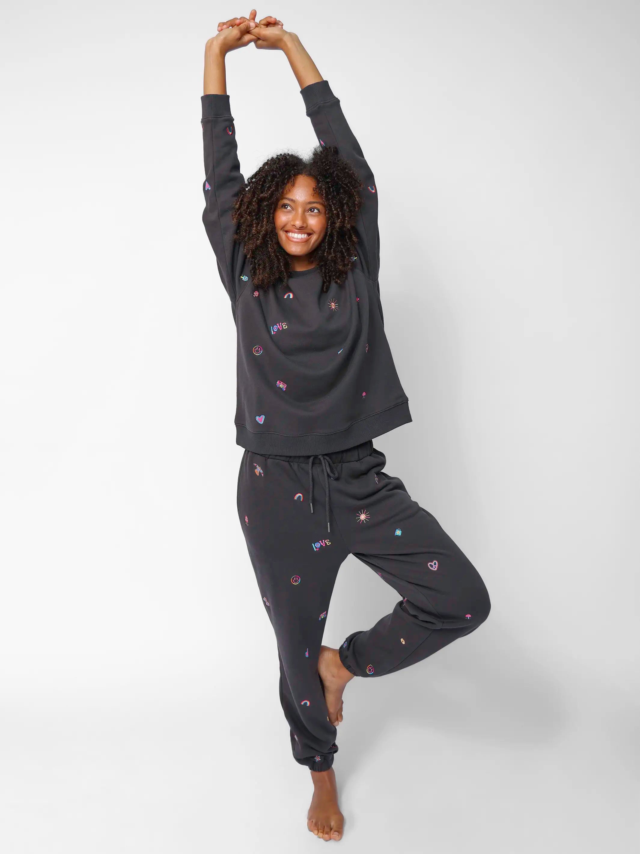 Fave Little Things Embroidered Jogger Pants - Charcoal Doodle