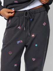 Fave Little Things Embroidered Jogger Pants - Charcoal Doodle