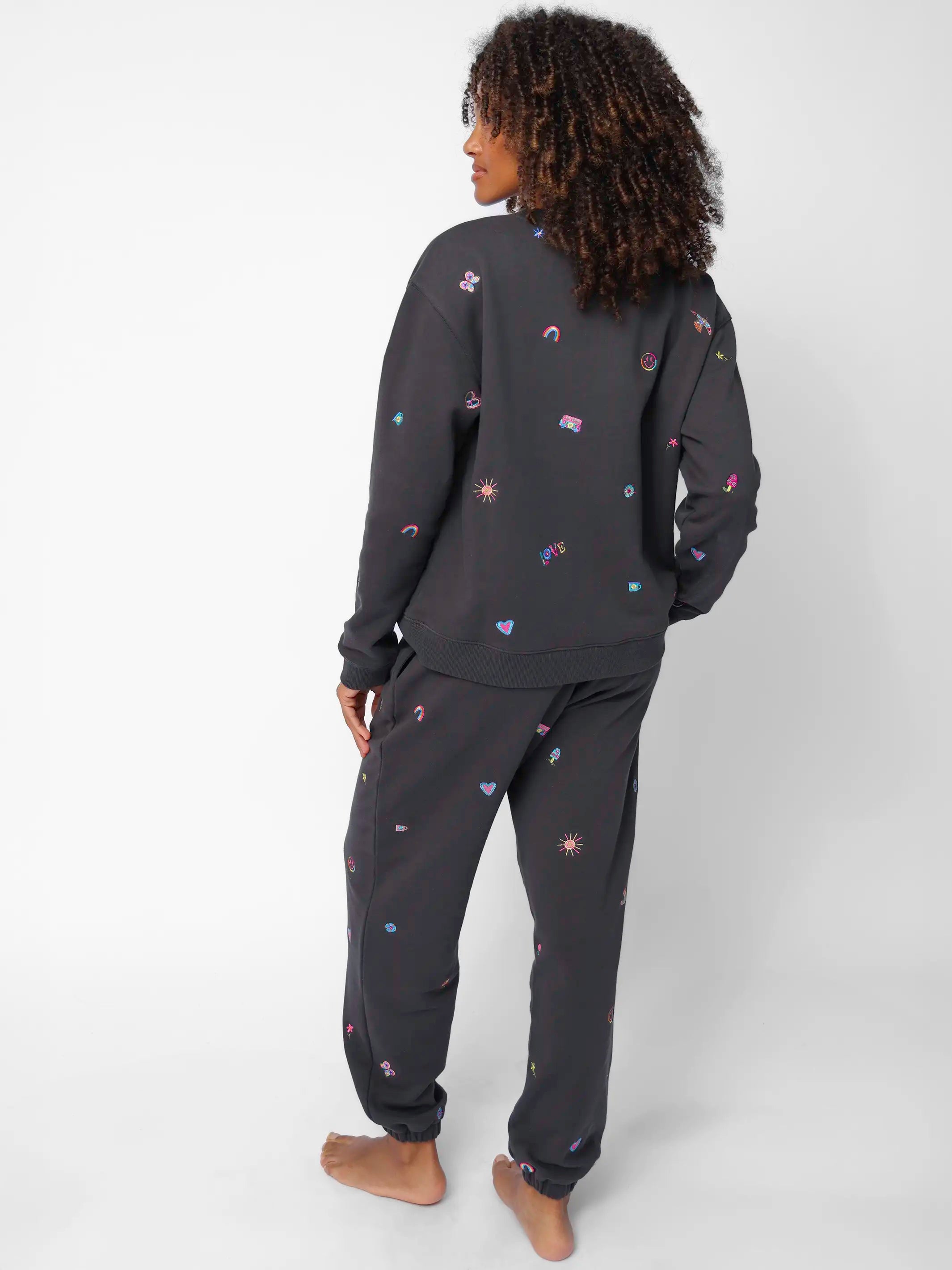 Fave Little Things Embroidered Jogger Pants - Charcoal Doodle