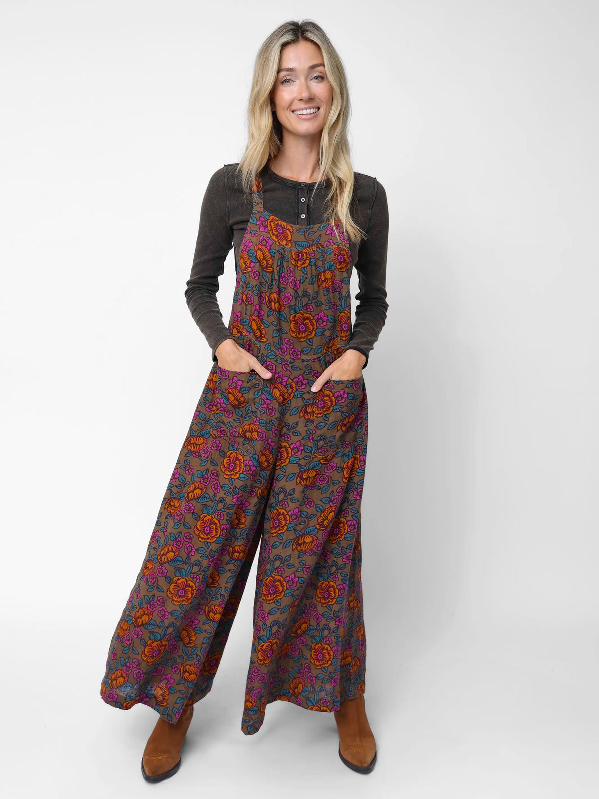 Dakota Cotton Tie Overall - Woodcut Floral Bronze