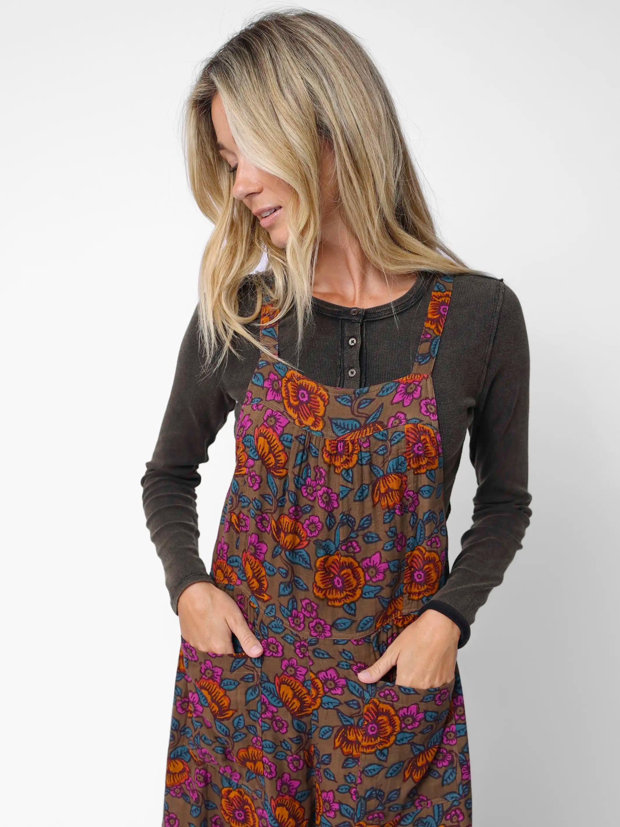 Dakota Cotton Tie Overall - Woodcut Floral Bronze