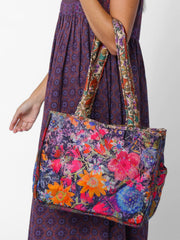 Reversible Puffy Tote Bag - Medium Brown Tuscany Border