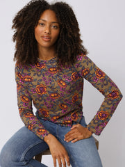 Lily Cotton Long Sleeve Tee Shirt - Woodcut Floral Bronze