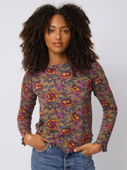 Lily Cotton Long Sleeve Tee Shirt - Woodcut Floral Bronze