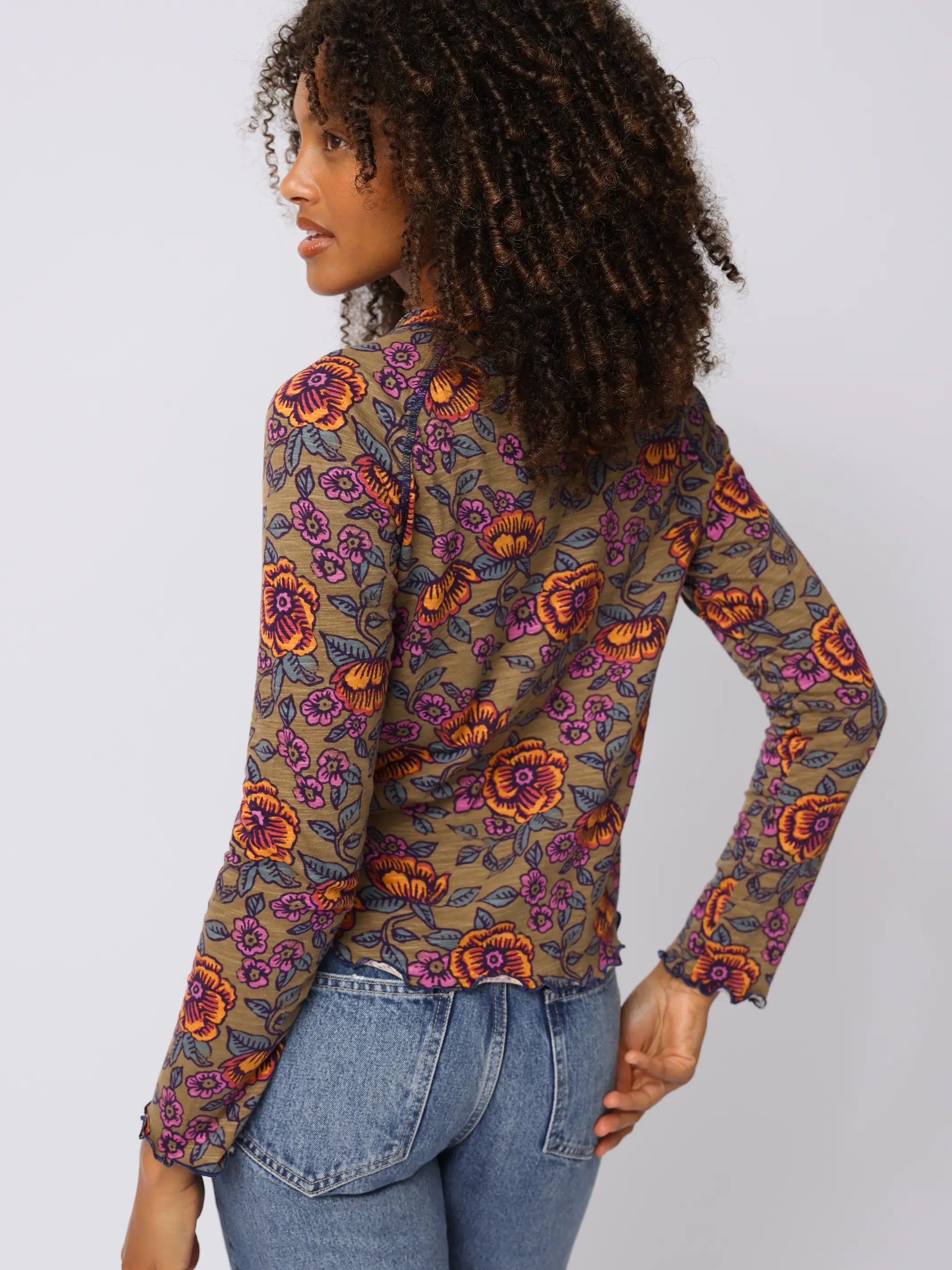 Lily Cotton Long Sleeve Tee Shirt - Woodcut Floral Bronze