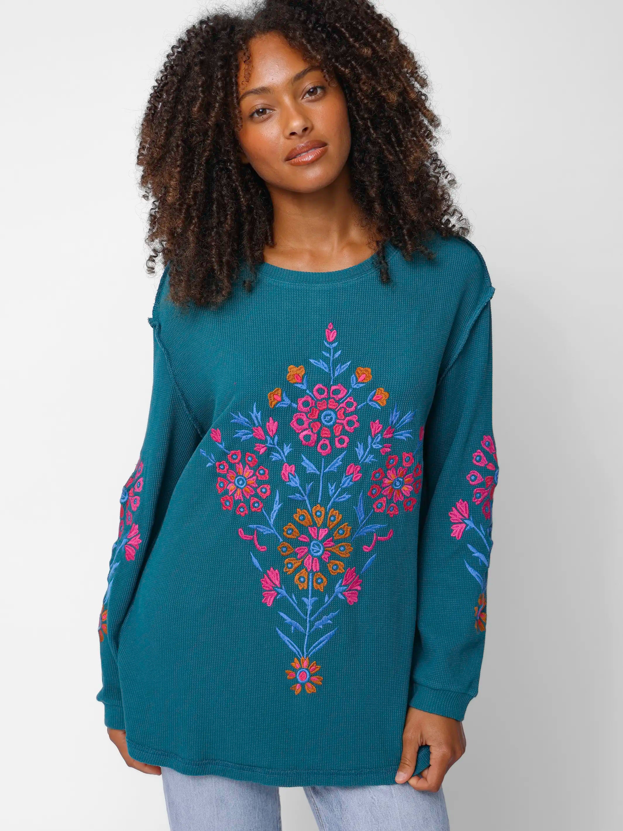 Aida Embroidered Thermal - Teal Folk Bouquet