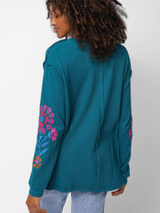 Aida Embroidered Thermal - Teal Folk Bouquet
