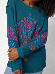 Aida Embroidered Thermal - Teal Folk Bouquet