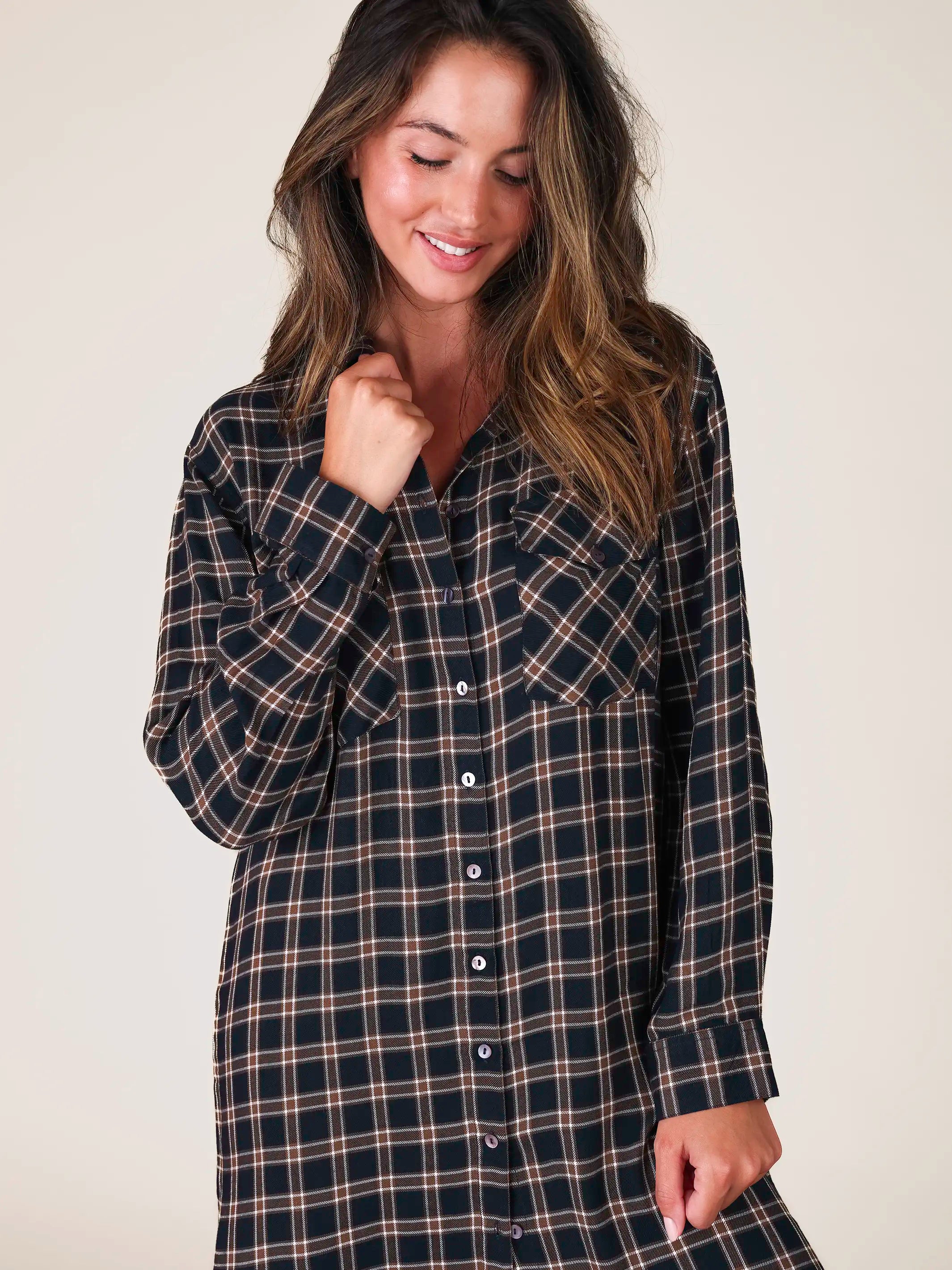 Cooper Shirt Dress - Navy Tan Plaid