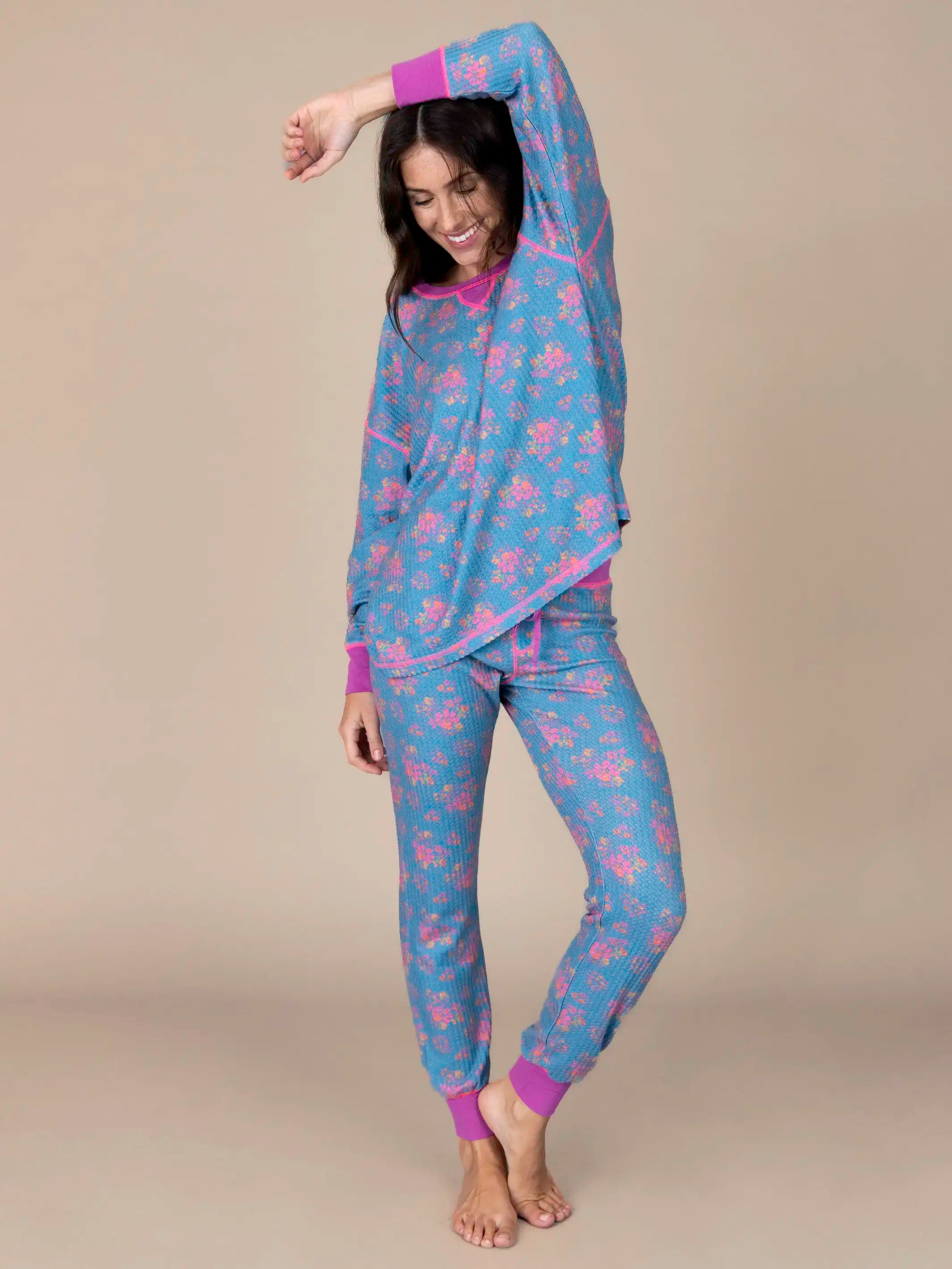 Mix & Match Waffle Long Johns - Turquoise Floral Bouquets