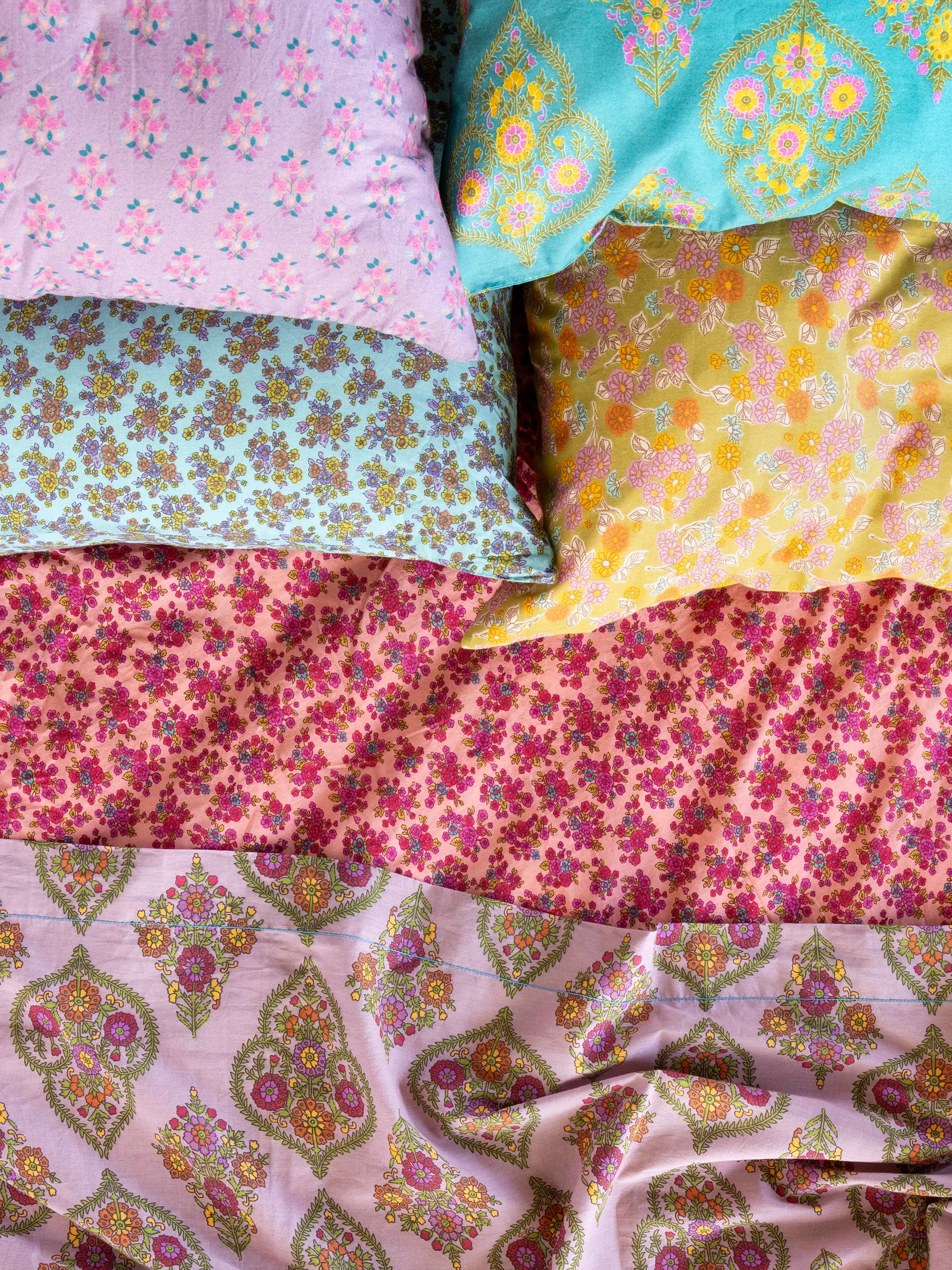 Mix & Match Cotton Pillowcase, Single - Turquoise Folk Floral