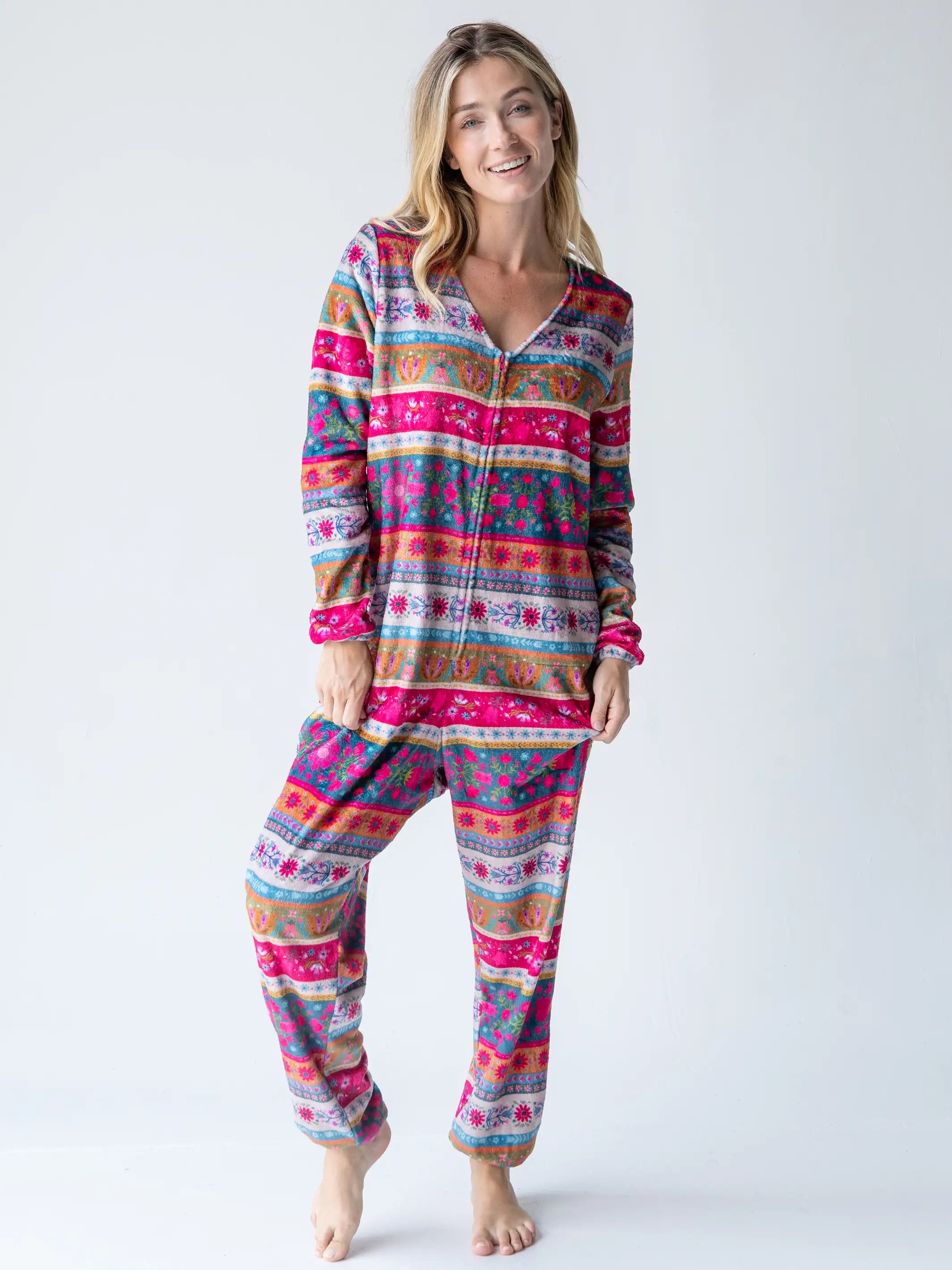 Fleece Onesie Pajamas - Magenta Border Print