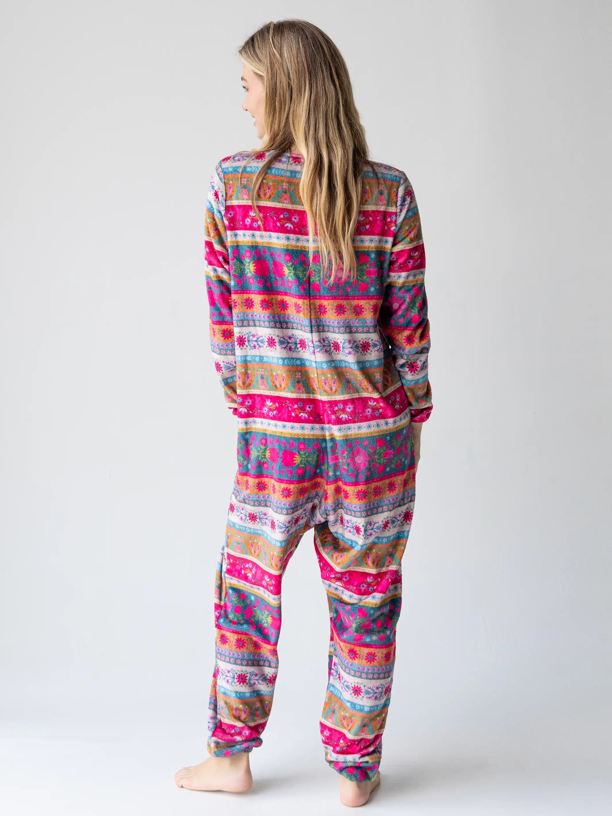 Fleece Onesie Pajamas - Magenta Border Print