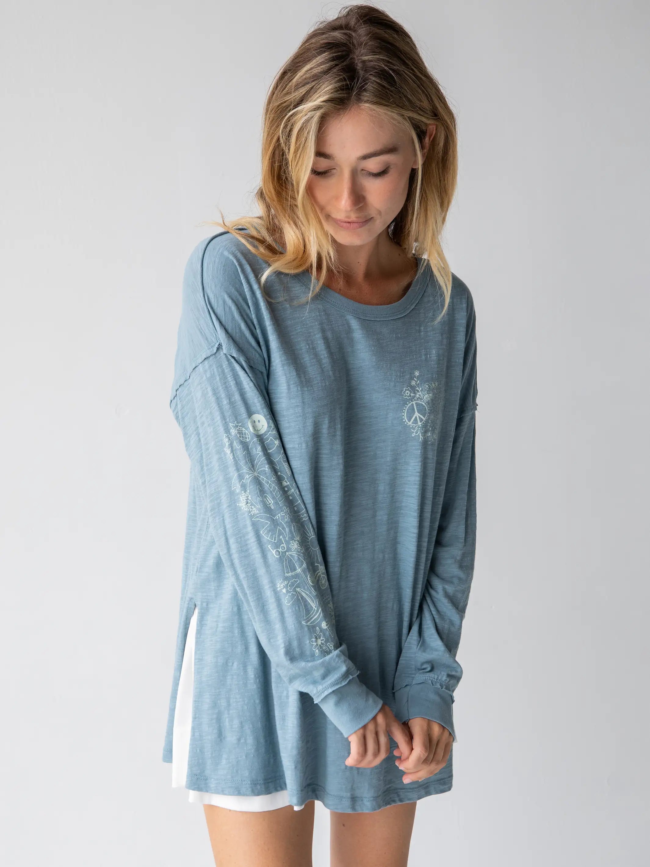 Oversized Cotton Doodle Tee - Light Blue