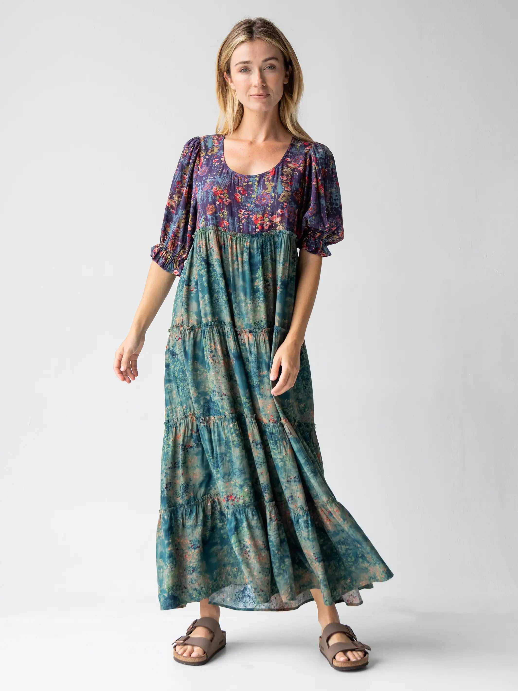 Collette Tiered Maxi Dress - Navy Turquoise Floral