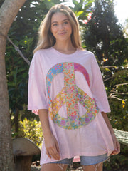 Oversized Cotton Applique Tee - Light Pink Peace Sign