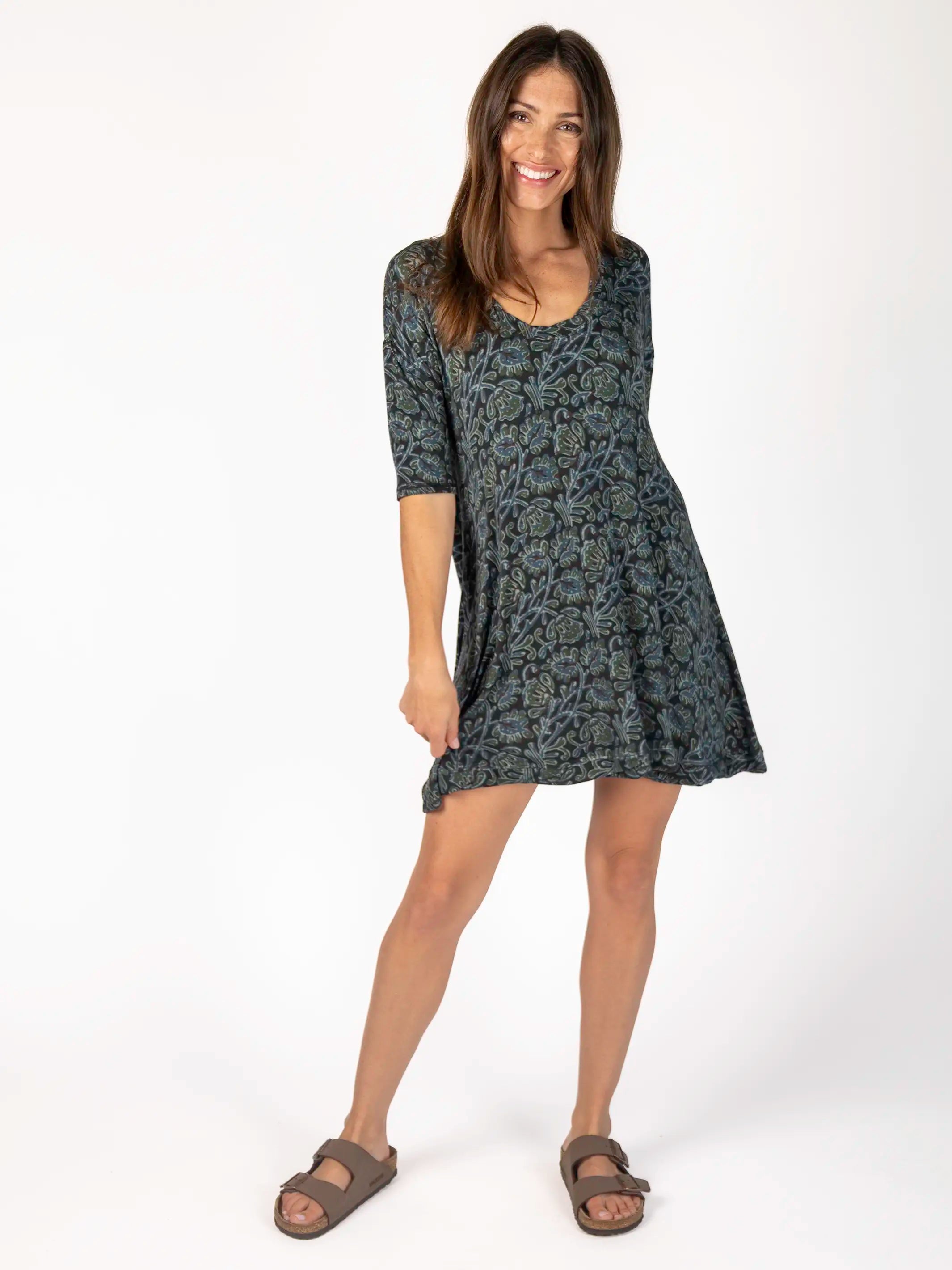 All Day "ButterSoft" Mini Tee Dress - Navy Floral Vines