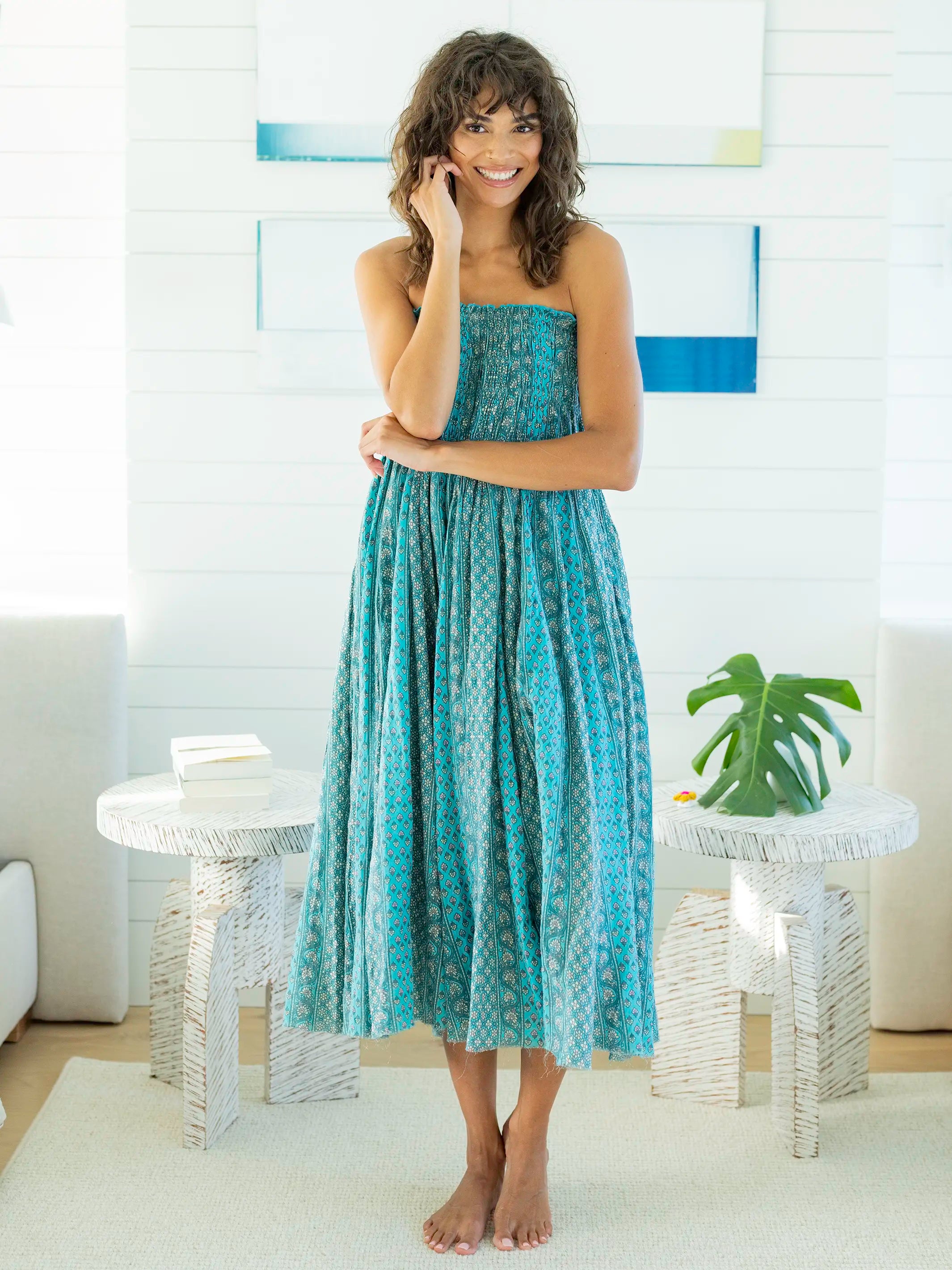 Laurel Convertible Maxi Skirt - Turquoise Cream Stripes Cotton