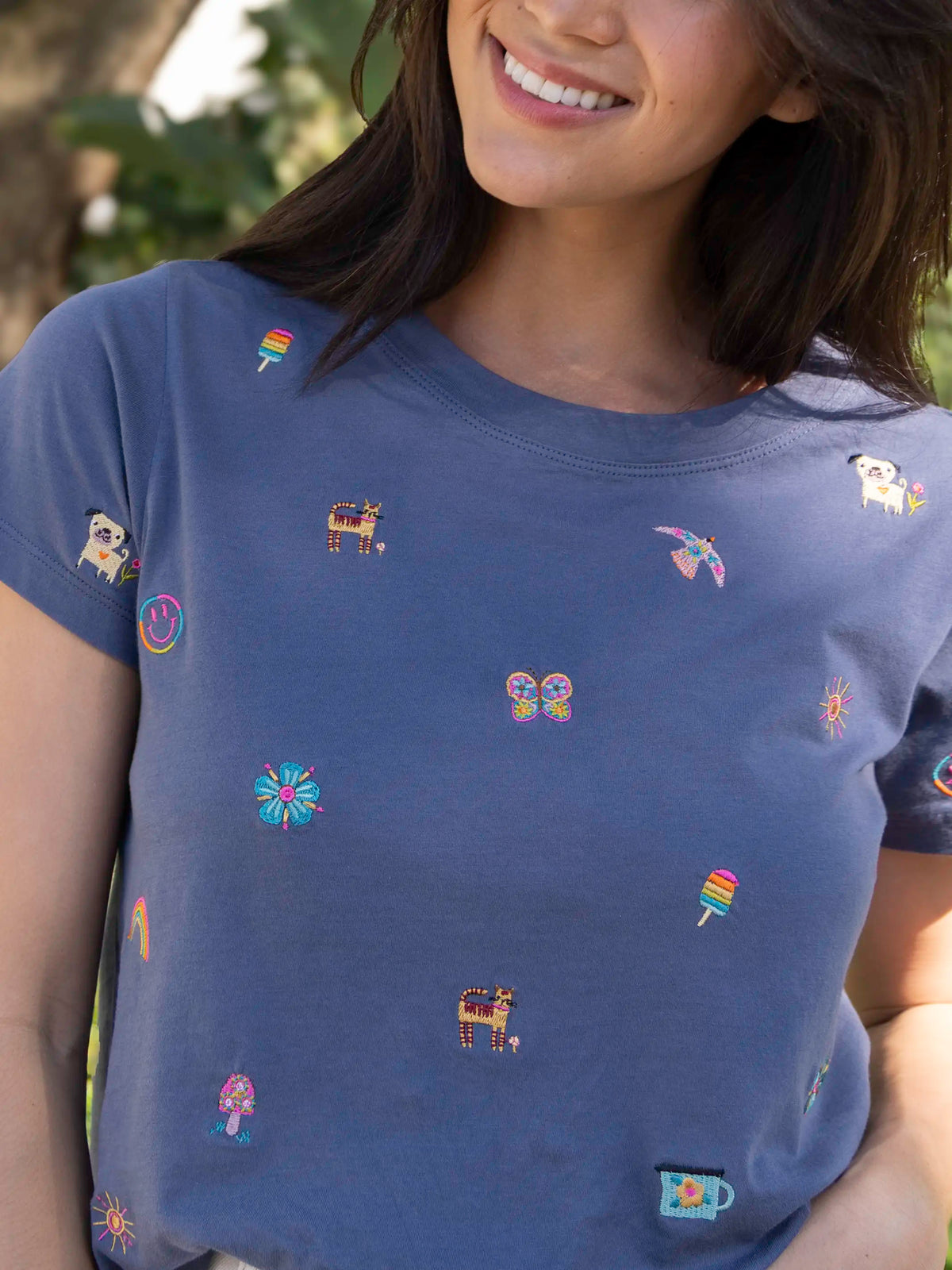 Fave Little Things Embroidered Tee - Indigo Doodle