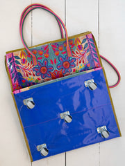 Rolling Tote Bag - XL Royal Blue Folk Flower