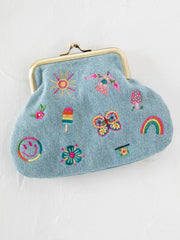 Embroidered Kisslock Coin Purse - Denim