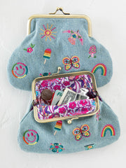 Embroidered Kisslock Coin Purse - Denim