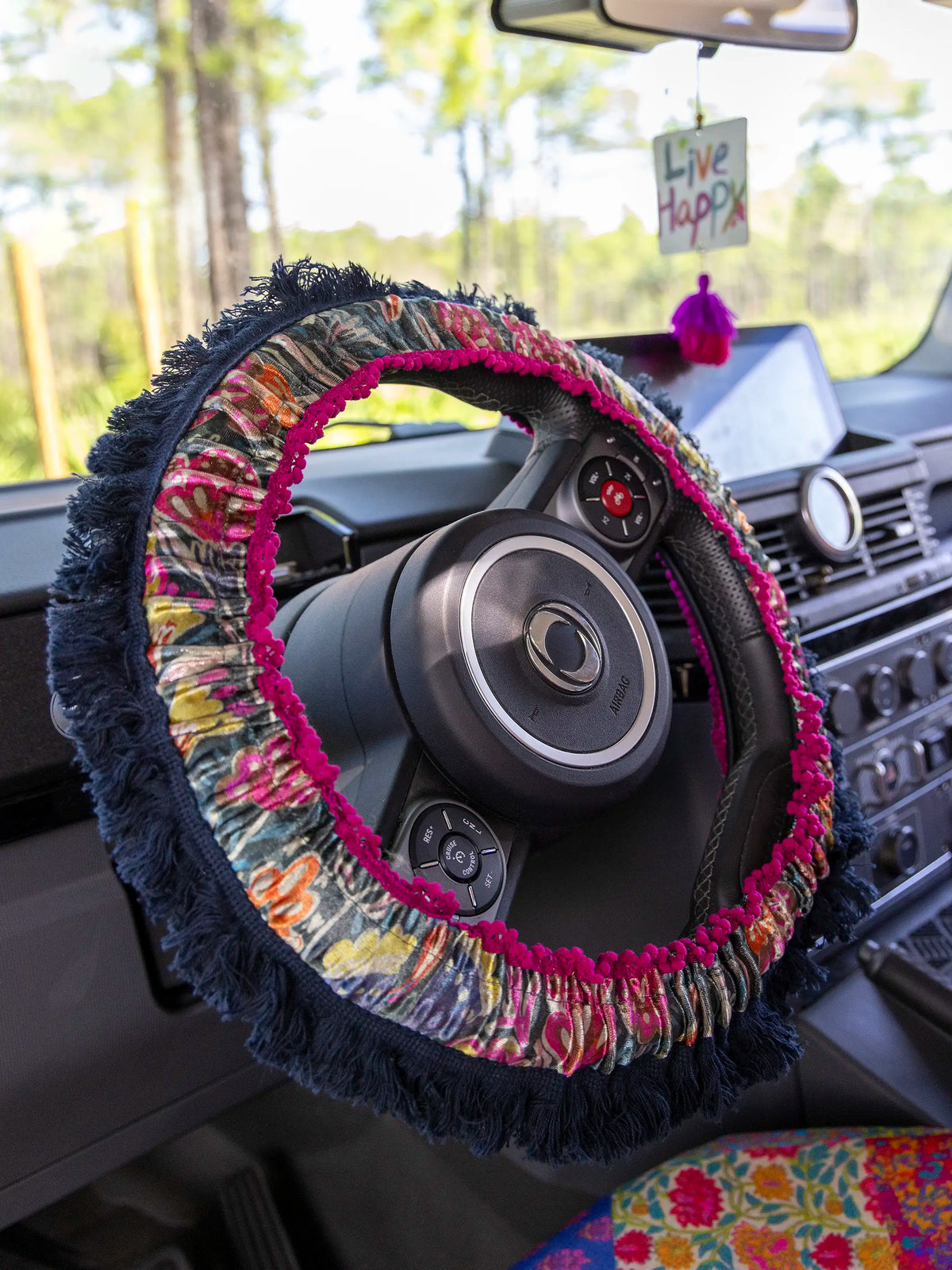 Velvet Steering Wheel Cover - Green Painterly Vines