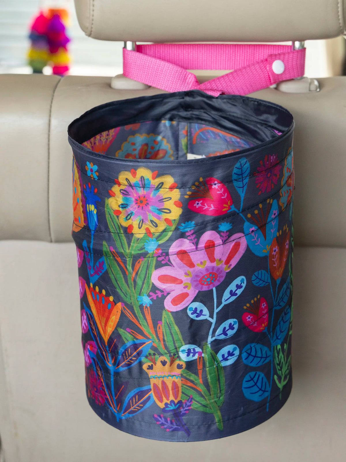 Pop-Up Car Trash Can - Navy Folk Flower