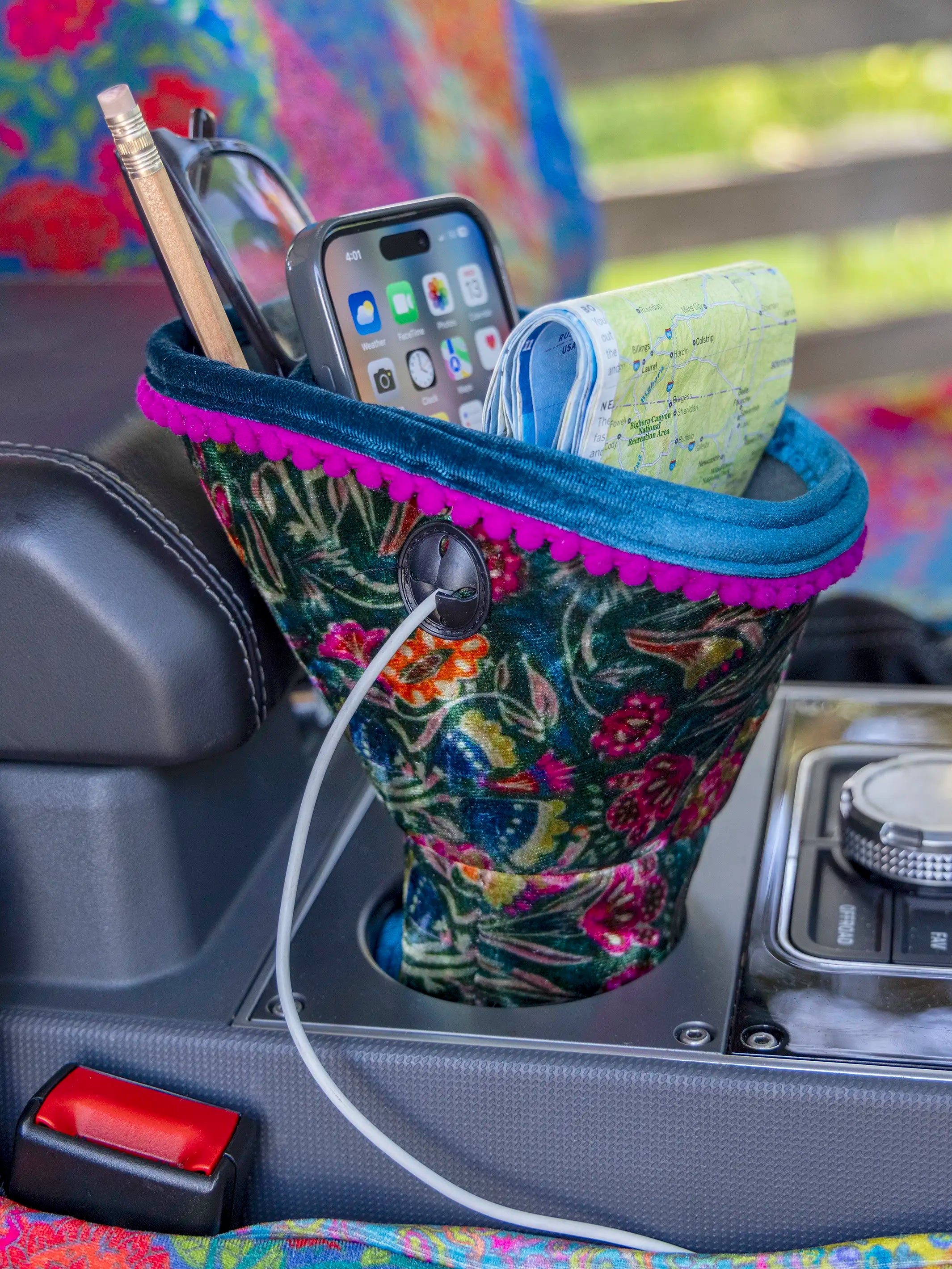 Car Cup Holder Organizer - Green Painterly Vines Velvet