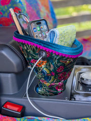 Car Cup Holder Organizer - Green Painterly Vines Velvet