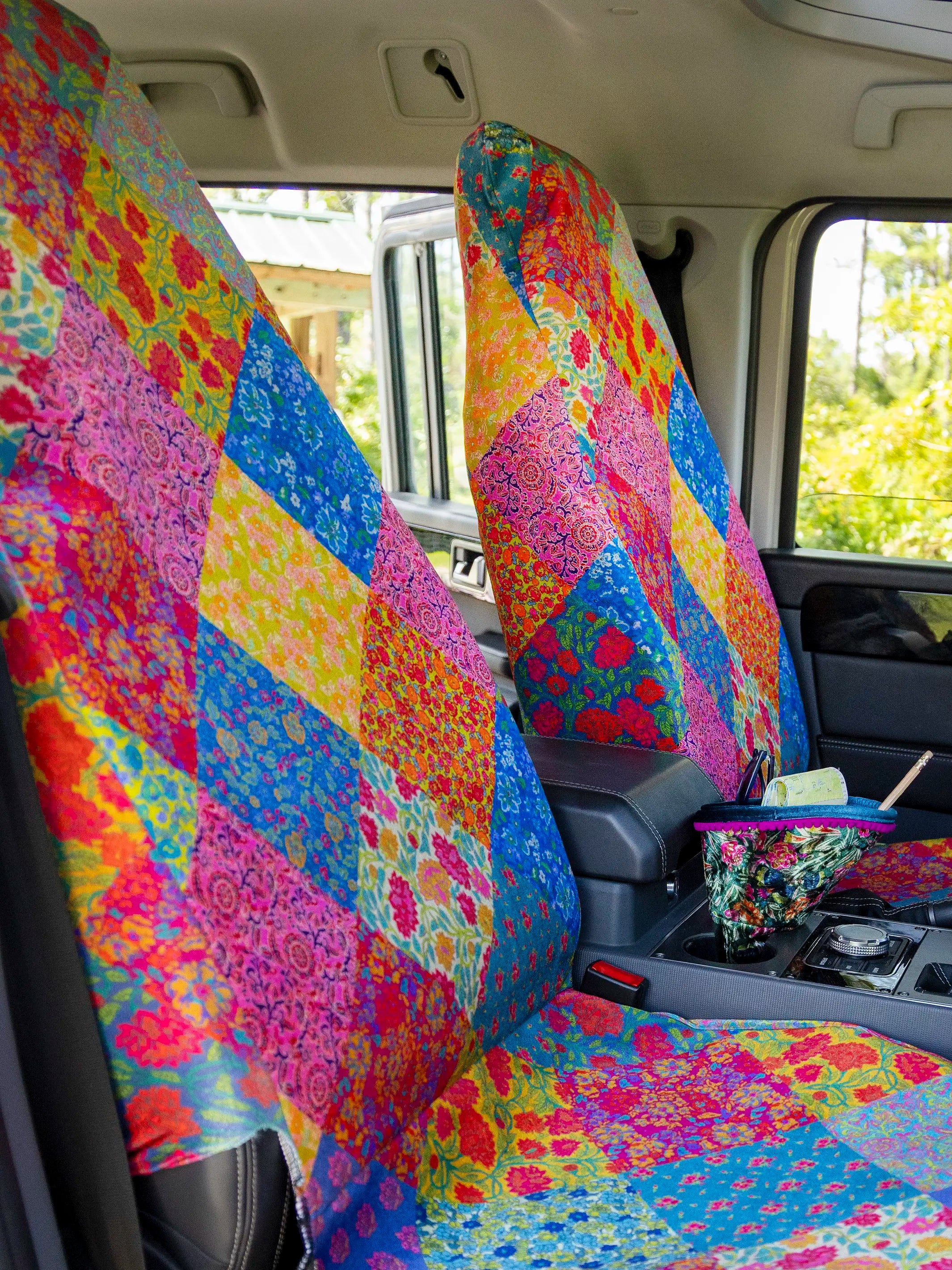 Velvet Front Car Seat Cover, Set of 2 - Rainbow Patchwork