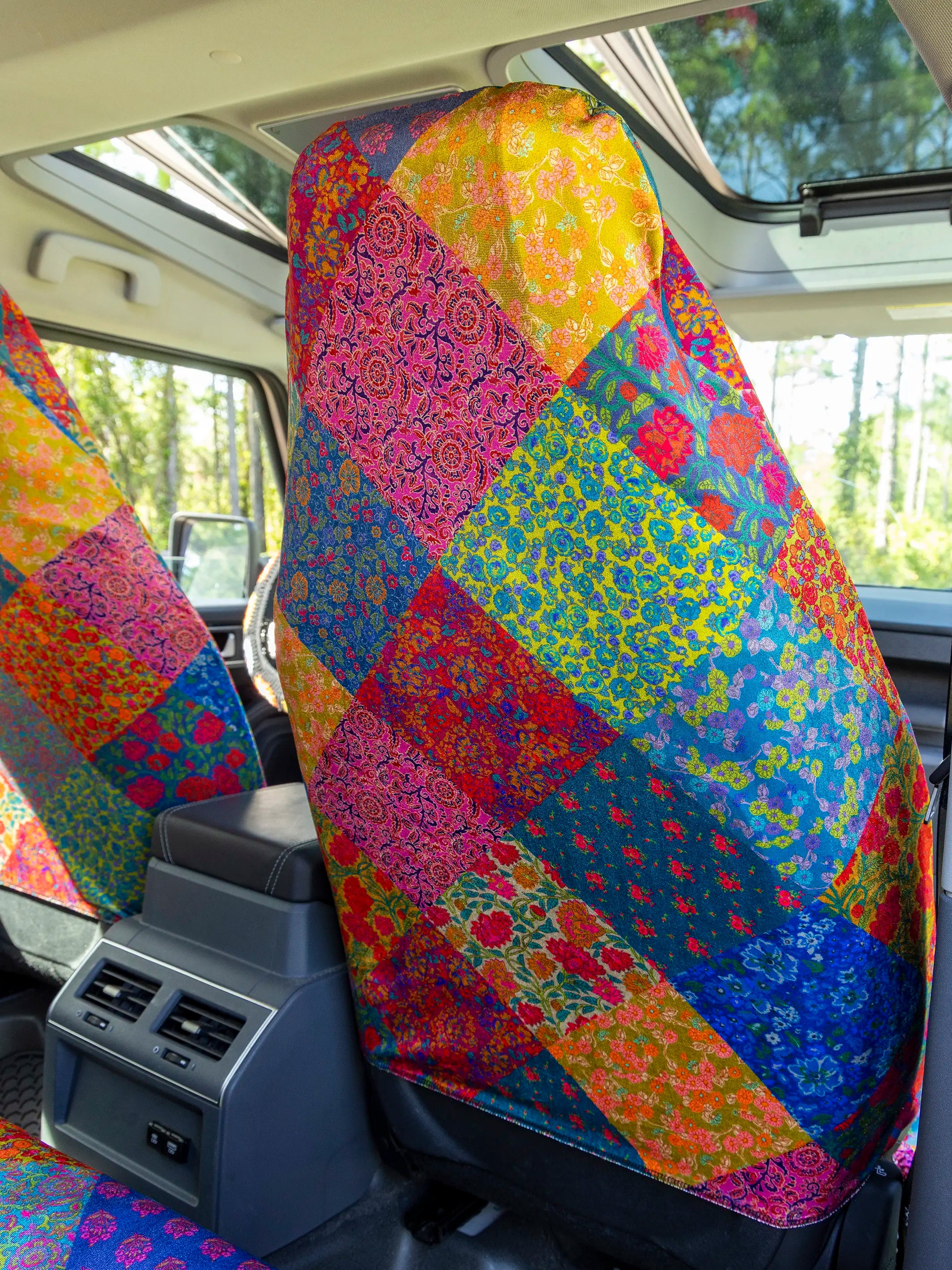 Velvet Front Car Seat Cover, Set of 2 - Rainbow Patchwork