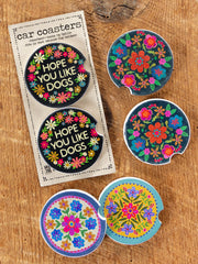 Car Coasters, Set of 2 - Mustard Folk Flower