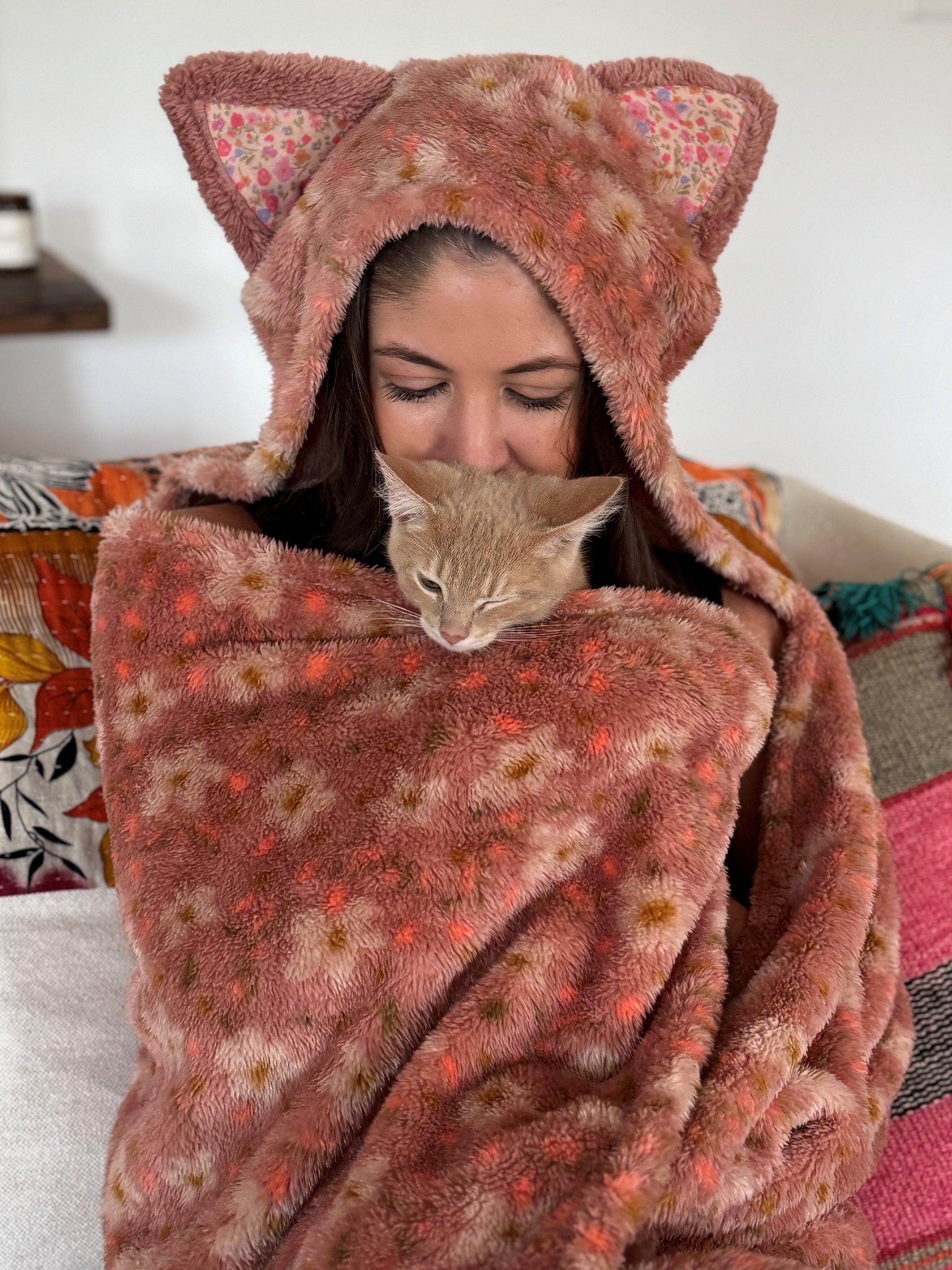 Hooded Sherpa Blanket - Pink Cat