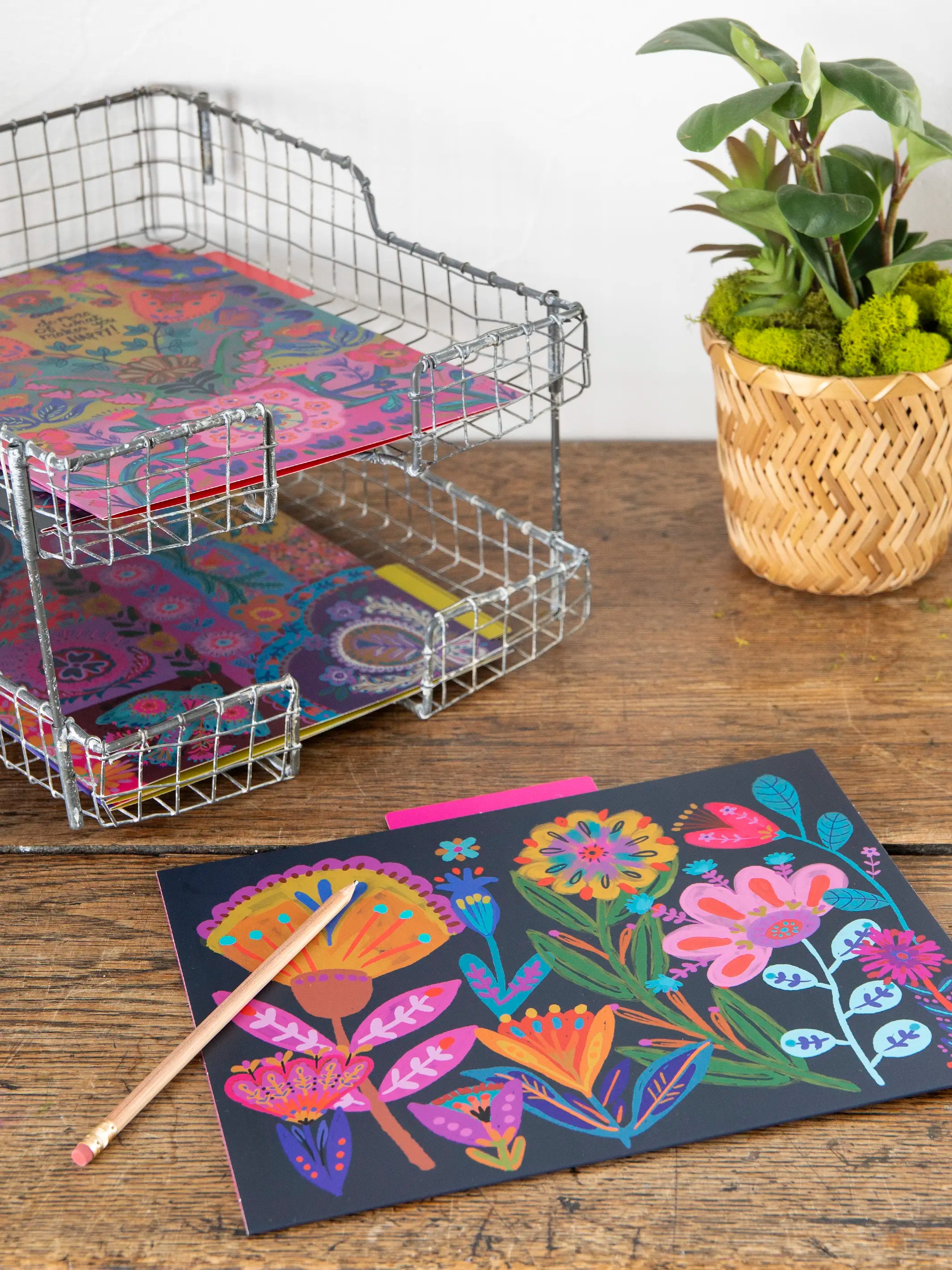 Colorful File Folders, Set of 6 - Navy Folk Flower